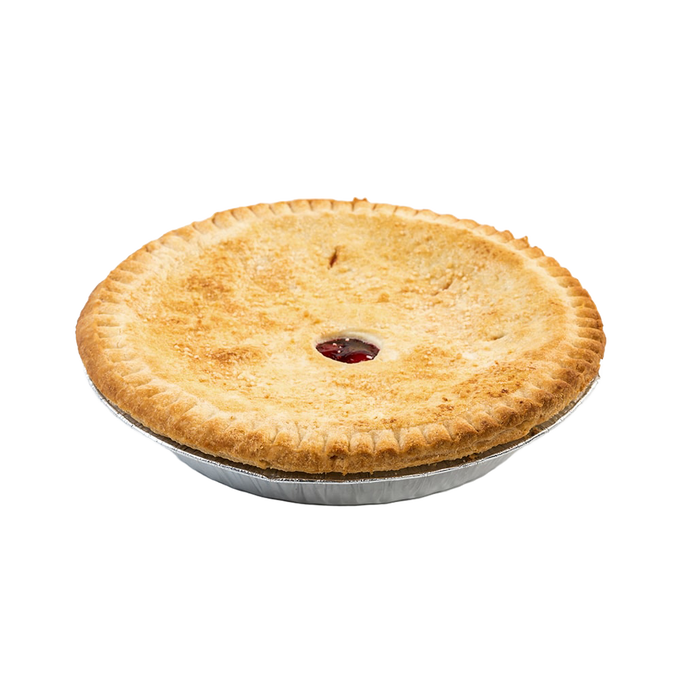 Round freshly baked cherry pie with a golden brown crust and a small cherry filling vent in the center, handcrafted in USA, featured in Kitchen & Food, Snacks and Sweets, and Best Sellers collections.