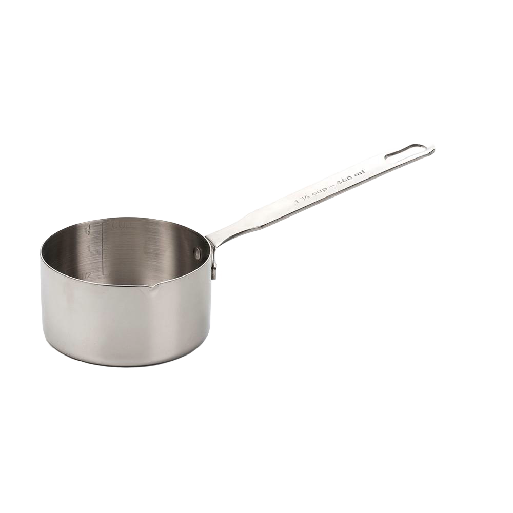 Heavy-duty stainless steel measuring pan with internal measurement markings and a long handle, suitable for Stove use and Food Prep in Kitchen & Food, Cookware, and Baking Supplies collections.