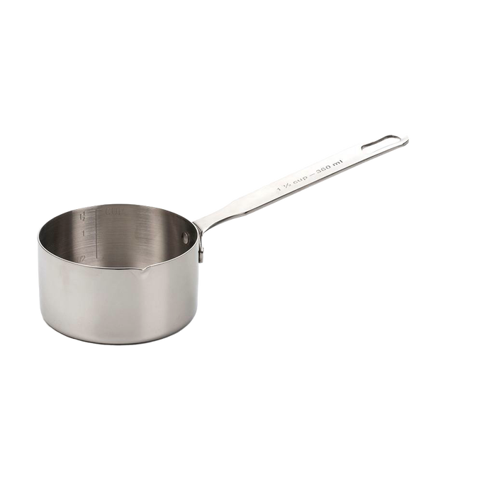 Heavy-duty stainless steel measuring pan with internal measurement markings and a long handle, suitable for Stove use and Food Prep in Kitchen & Food, Cookware, and Baking Supplies collections.