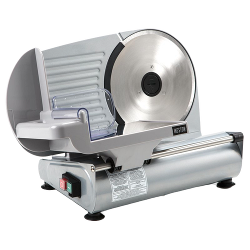 Electric deli slicer with corrosion-resistant steel and aluminum housing, featuring a rotary stainless steel blade, adjustable thickness control, and included food pusher, ideal for Kitchen & Food and Specialty Equipment collections.