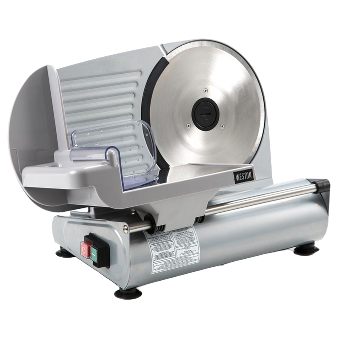 Electric deli slicer with corrosion-resistant steel and aluminum housing, featuring a rotary stainless steel blade, adjustable thickness control, and included food pusher, ideal for Kitchen & Food and Specialty Equipment collections.