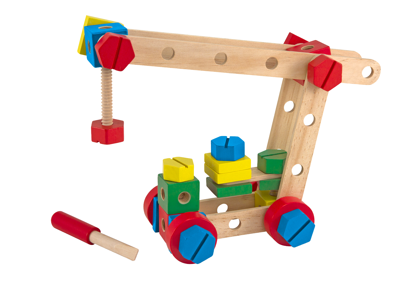 Colorful wooden crane construction toy with large nuts, bolts, and a screwdriver, designed to enhance fine motor skills and problem-solving for indoor play and children's toys.