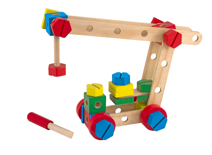 Colorful wooden crane construction toy with large nuts, bolts, and a screwdriver, designed to enhance fine motor skills and problem-solving for indoor play and children's toys.