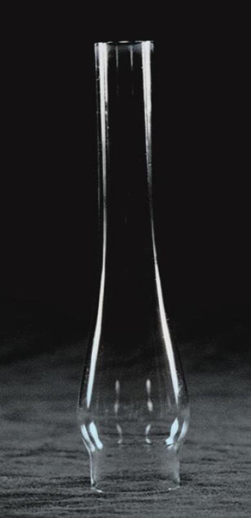 Clear tall glass oil lamp chimney with a narrow base and slight bulge, designed as a handcrafted accessory in Lamps & Lighting, Chimneys and Globes, Parts and Accessories collections.