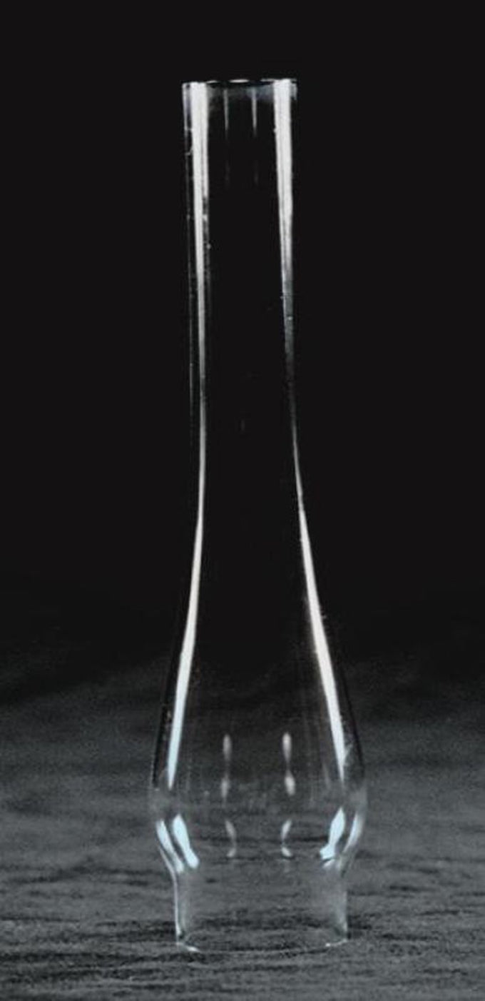 Clear tall glass oil lamp chimney with a narrow base and slight bulge, designed as a handcrafted accessory in Lamps & Lighting, Chimneys and Globes, Parts and Accessories collections.