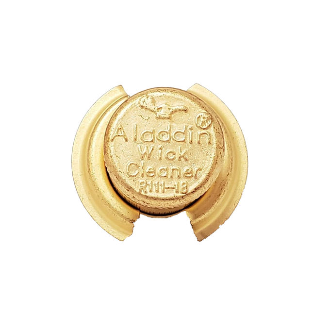 Compact brass wick cleaner with embossed "Aladdin Wick Cleaner" text and bird logo, essential accessory in Lamps & Lighting and Parts and Accessories collections.