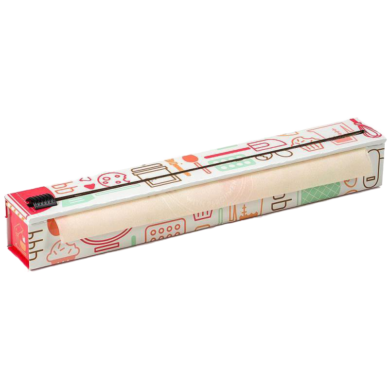 Colorful dispenser box with non-stick parchment paper roll, featuring a sliding cutter and non-skid rubber feet, designed for baking and kitchen use in Cookware and Baking Supplies collections.