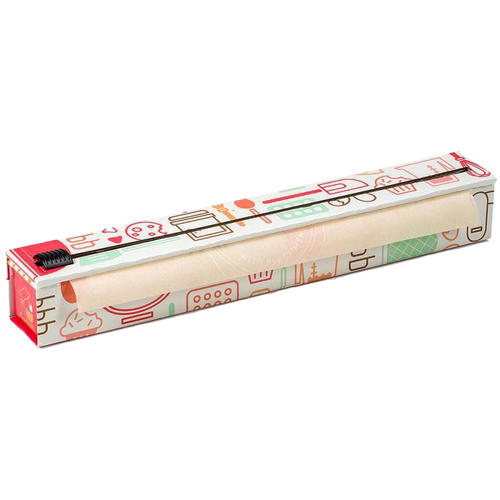 Colorful dispenser box with non-stick parchment paper roll, featuring a sliding cutter and non-skid rubber feet, designed for baking and kitchen use in Cookware and Baking Supplies collections.