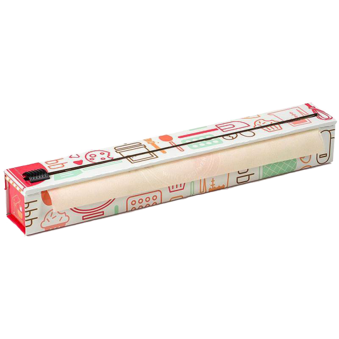 Colorful dispenser box with non-stick parchment paper roll, featuring a sliding cutter and non-skid rubber feet, designed for baking and kitchen use in Cookware and Baking Supplies collections.