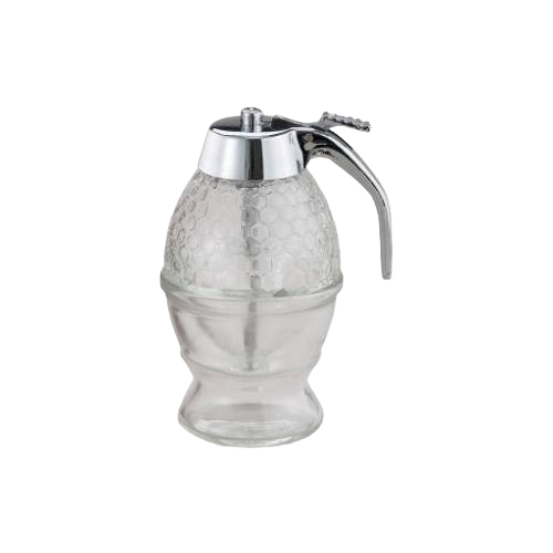 8 oz glass honey and syrup dispenser with textured honeycomb pattern, metal lever and plastic lid, ideal for Kitchen & Food, Storage and Serving, Best Sellers, and Promo Eligible collections.