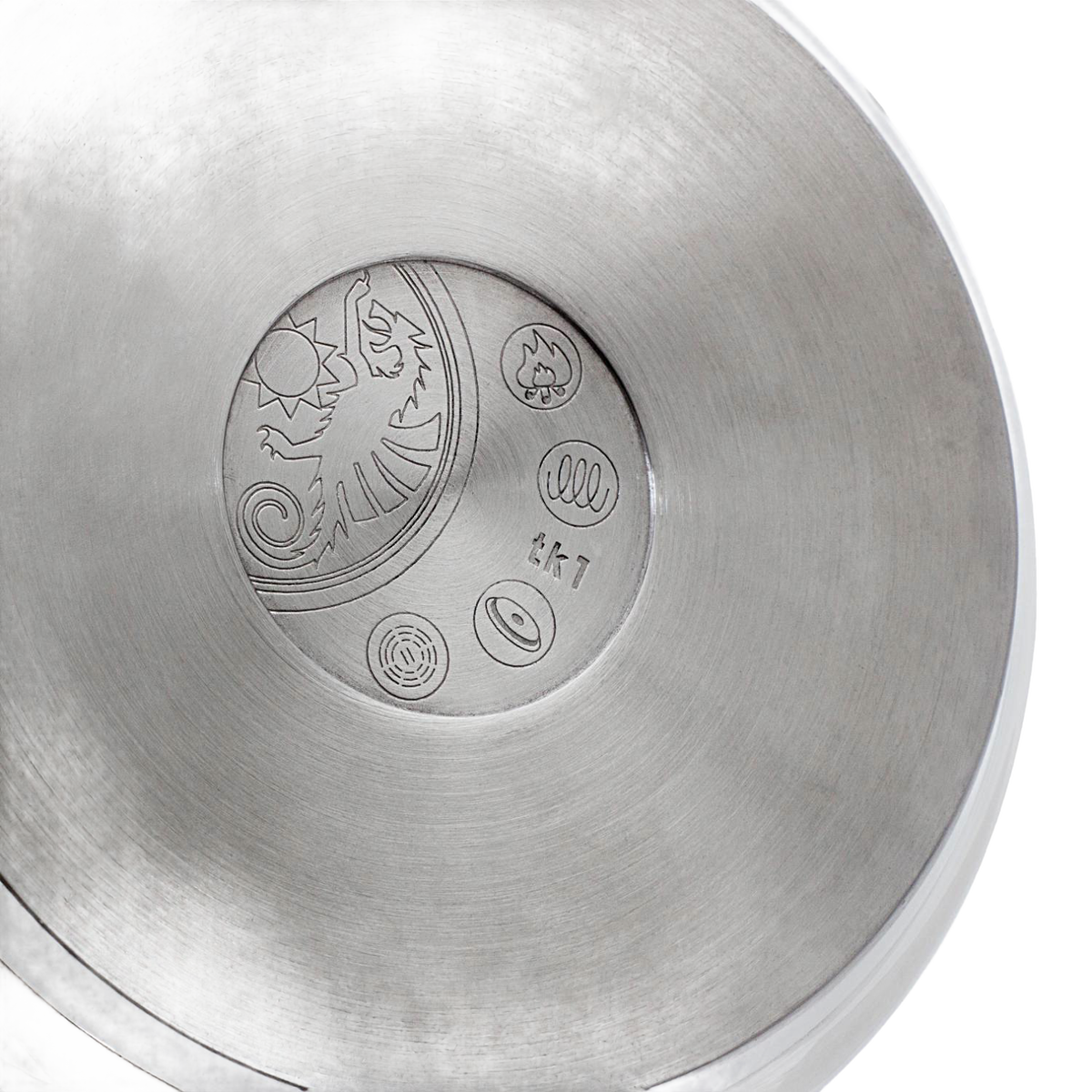 Close-up of the stainless steel bottom of a teakettle featuring engraved symbols for compatibility with open fire, electric, gas, and induction cooktops, ideal for Farm, Garden & Tool, Kitchen & Food, Camping, Brewing Coffee and Tea, Best Sellers, and Promo Eligible collections.