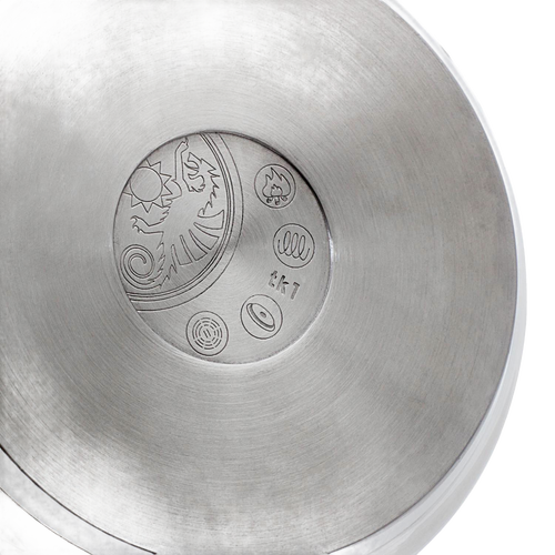 Close-up of the stainless steel bottom of a teakettle featuring engraved symbols for compatibility with open fire, electric, gas, and induction cooktops, ideal for Farm, Garden & Tool, Kitchen & Food, Camping, Brewing Coffee and Tea, Best Sellers, and Promo Eligible collections.
