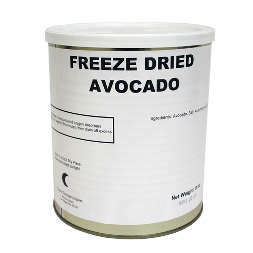 Canister of handcrafted freeze-dried avocado slices made in USA with long shelf life, ideal for emergency supplies, kitchen, food storage, and farm collections.