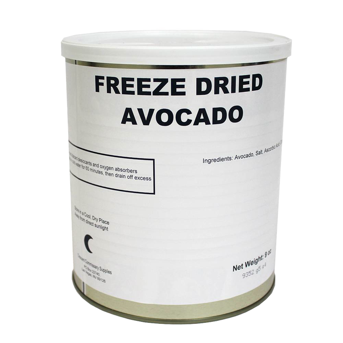 Canister of handcrafted freeze-dried avocado slices made in USA with long shelf life, ideal for emergency supplies, kitchen, food storage, and farm collections.