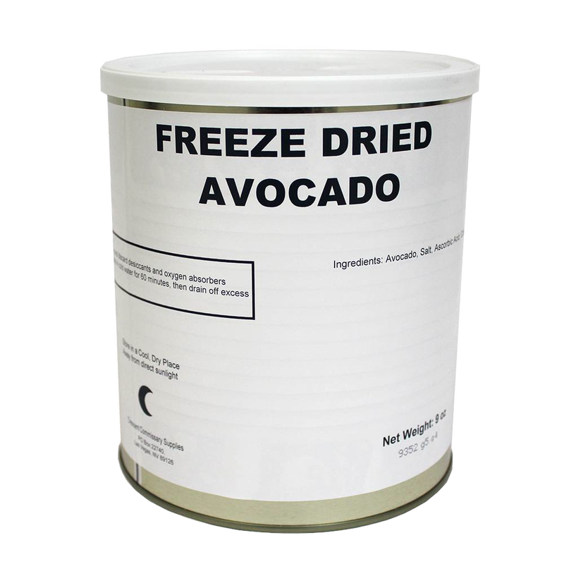 Canister of handcrafted freeze-dried avocado slices made in USA with long shelf life, ideal for emergency supplies, kitchen, food storage, and farm collections.