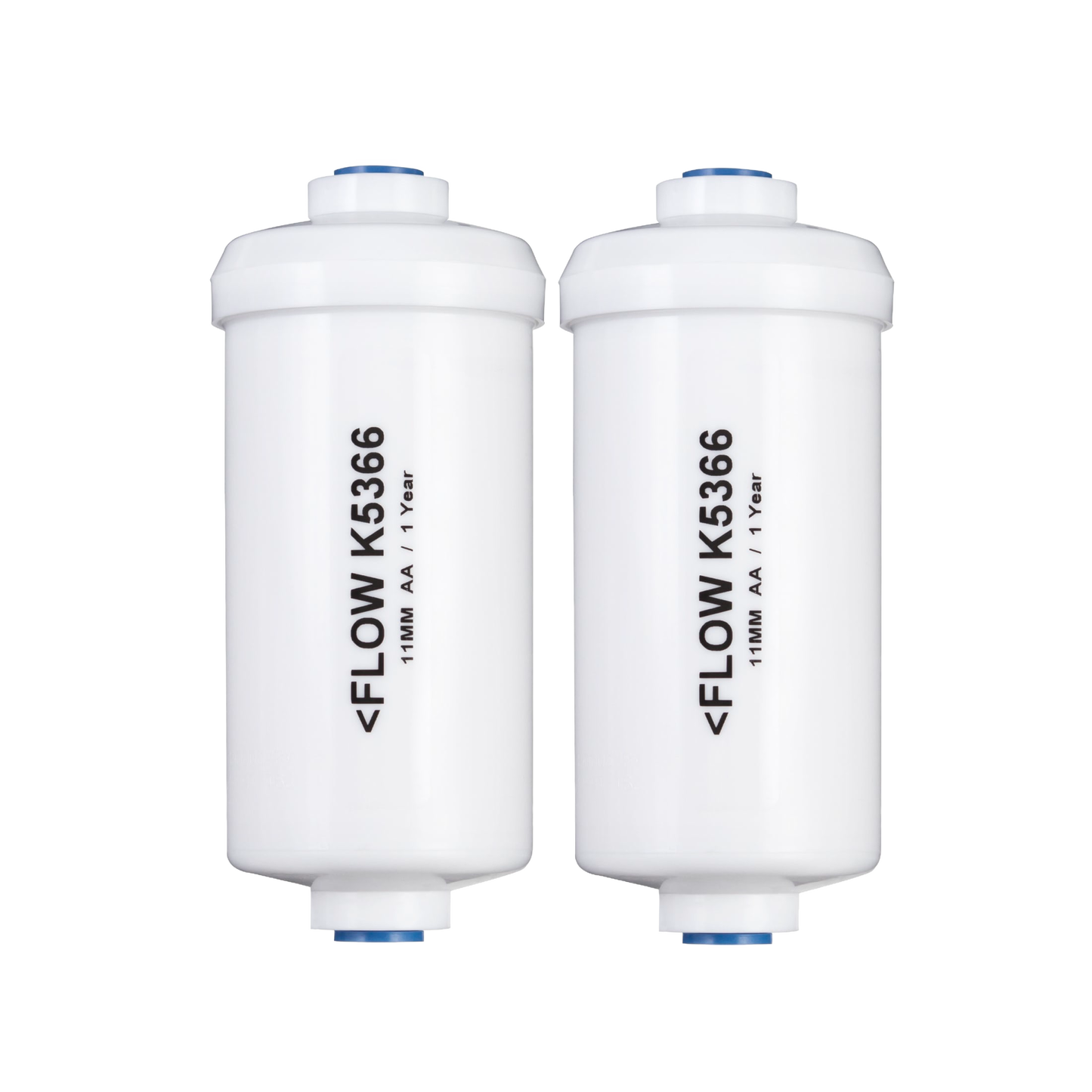 Two white water filter cartridges labeled with flow direction and model number, designed for use in water treatment systems, featured in Appliances and Emergency Supplies collections.