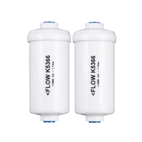 Two white water filter cartridges labeled with flow direction and model number, designed for use in water treatment systems, featured in Appliances and Emergency Supplies collections.