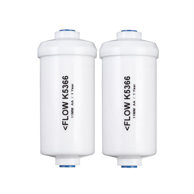 Two white water filter cartridges labeled with flow direction and model number, designed for use in water treatment systems, featured in Appliances and Emergency Supplies collections.