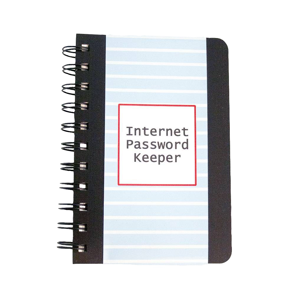 Compact spiral-bound logbook with striped cover and labeled Internet Password Keeper, designed for organizing login details, featured in Home & Decor and Household Helpers collections.