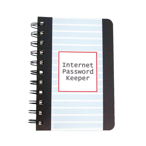 Compact spiral-bound logbook with striped cover and labeled Internet Password Keeper, designed for organizing login details, featured in Home & Decor and Household Helpers collections.