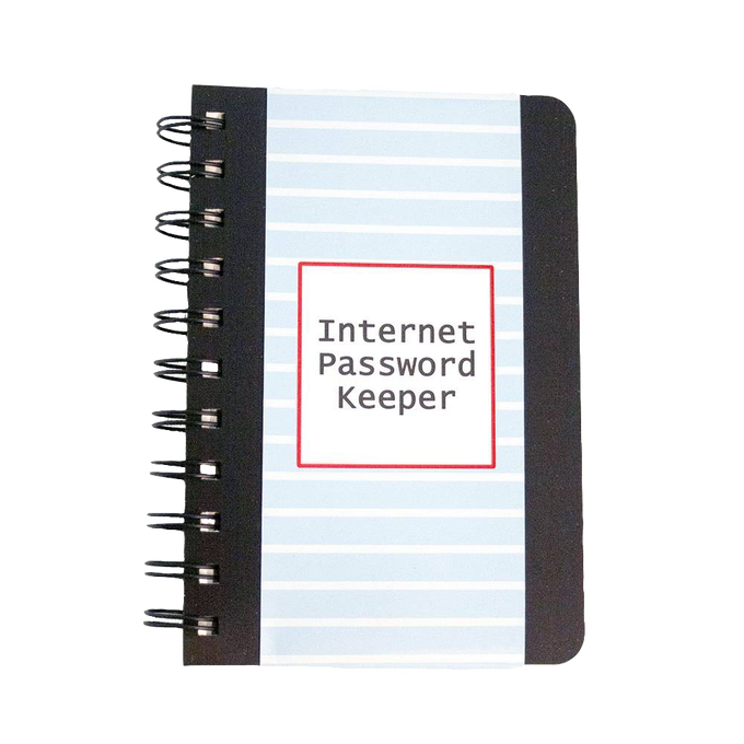 Compact spiral-bound logbook with striped cover and labeled Internet Password Keeper, designed for organizing login details, featured in Home & Decor and Household Helpers collections.