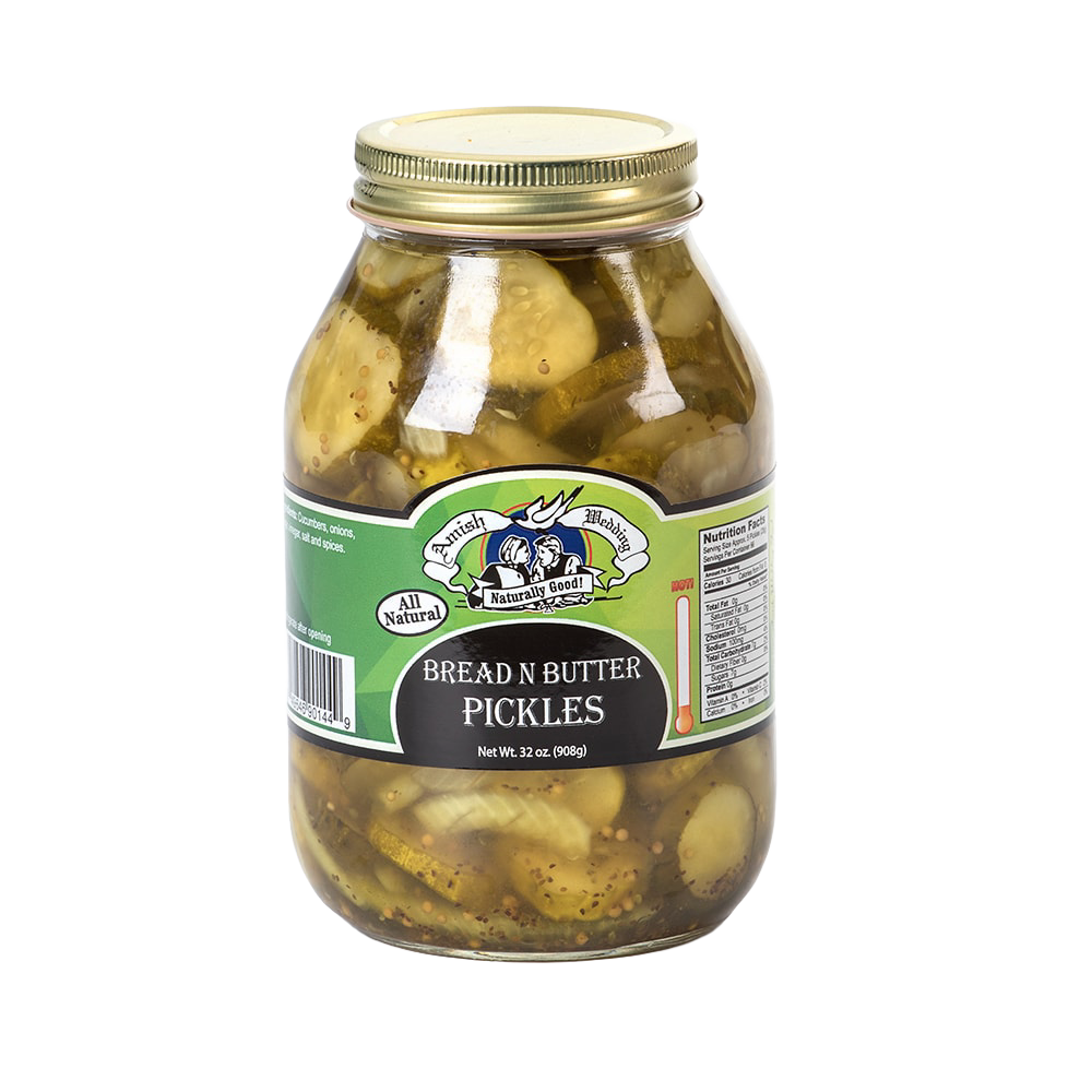 Large glass jar of handcrafted bread and butter pickles in natural brine with vintage-style label and gold metal lid, ideal for Kitchen & Food, Food, Pantry, USA Made, Best Sellers, Promo Eligible collections.