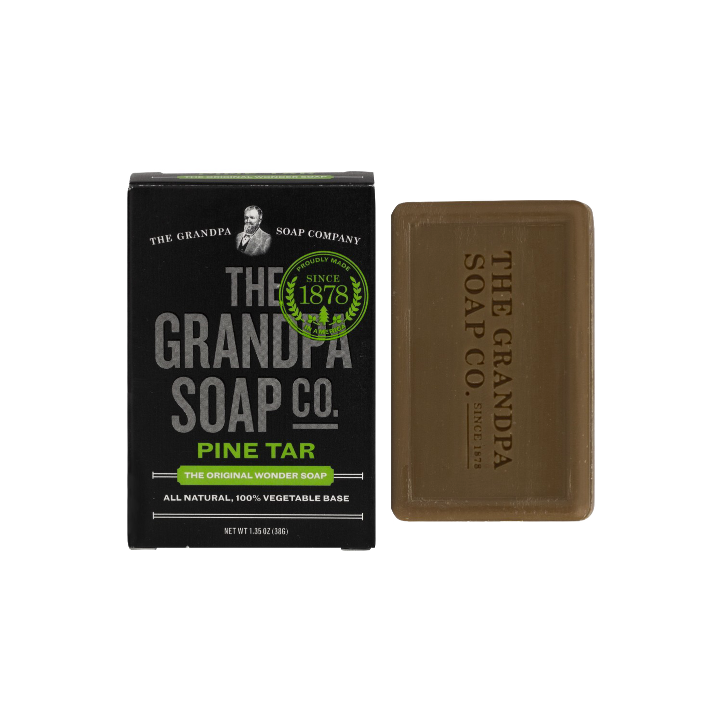 Bar of pine tar soap with embossed logo beside black box featuring vintage-style branding and green seal, natural and vegetable-based, part of Health & Wellness, Soaps, and USA Made collections.