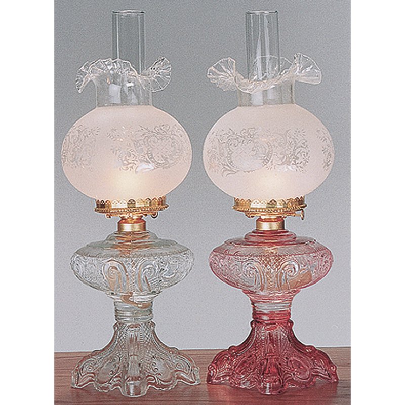 Pair of handcrafted 22-inch Princess Feather oil lamps with etched frosted glass chimneys and intricately detailed bases in clear and pink glass, ideal for Lamps & Lighting and Best Sellers collections.