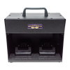 Compact black metal inverter with handle and dual battery slots designed to convert power tool battery current to clean AC power, suitable for farm, garden, and emergency use.