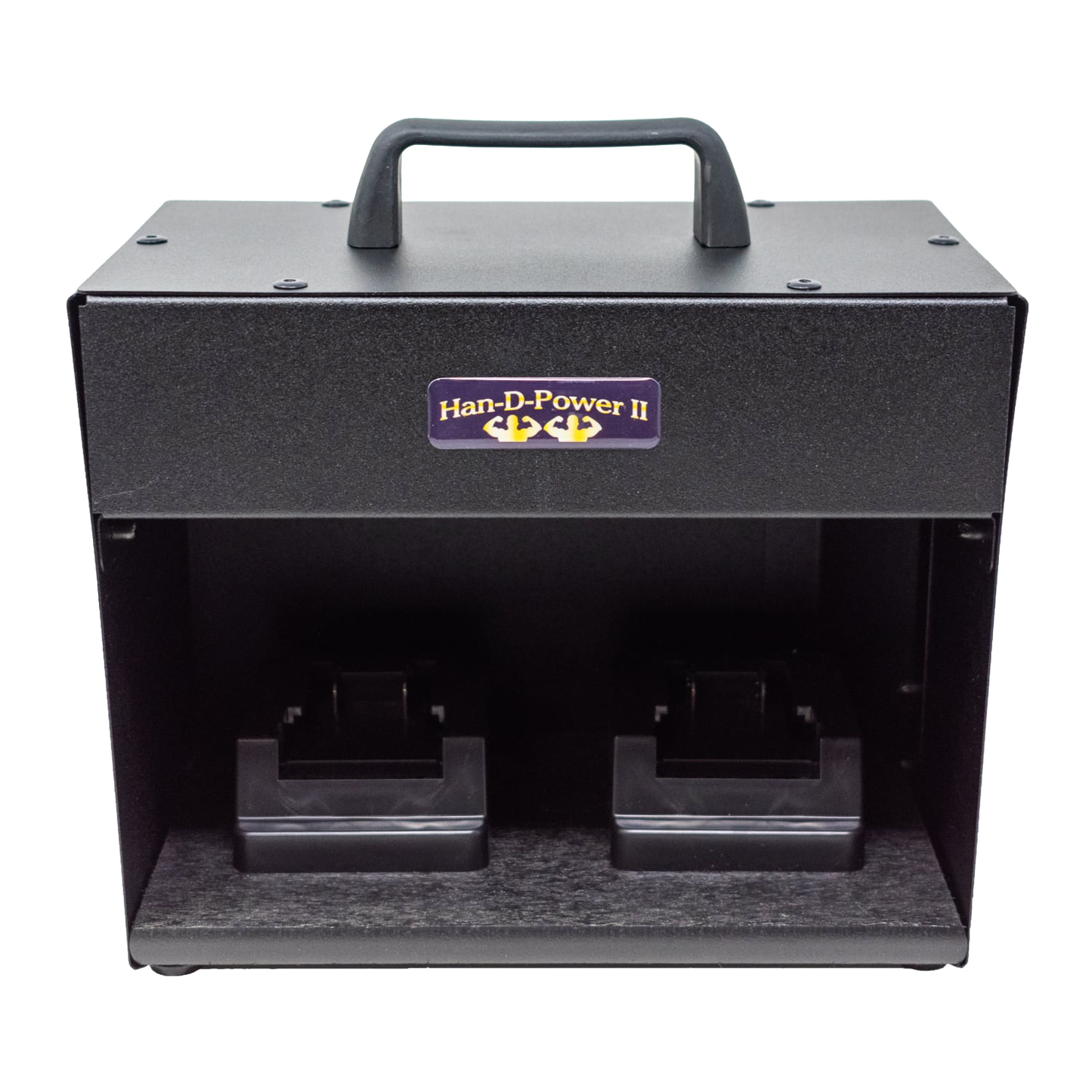 Compact black metal inverter with handle and dual battery slots designed to convert power tool battery current to clean AC power, suitable for farm, garden, and emergency use.