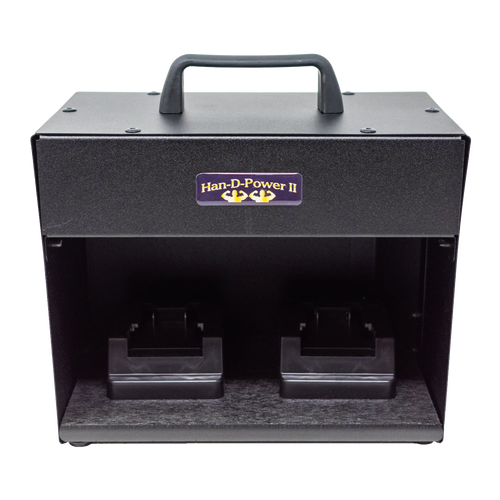 Compact black metal inverter with handle and dual battery slots designed to convert power tool battery current to clean AC power, suitable for farm, garden, and emergency use.