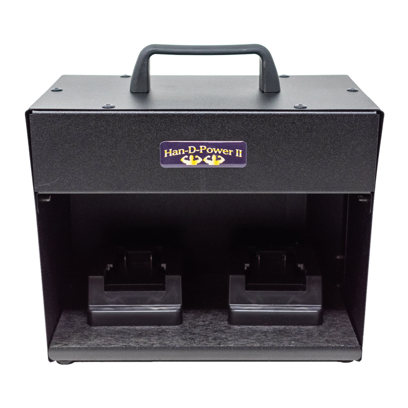 Compact black metal inverter with handle and dual battery slots designed to convert power tool battery current to clean AC power, suitable for farm, garden, and emergency use.