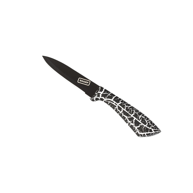Small paring knife with a black stainless steel blade and a black-and-white patterned rubberized handle, ideal for food prep and kitchen tasks in Farm, Garden & Tool collections.