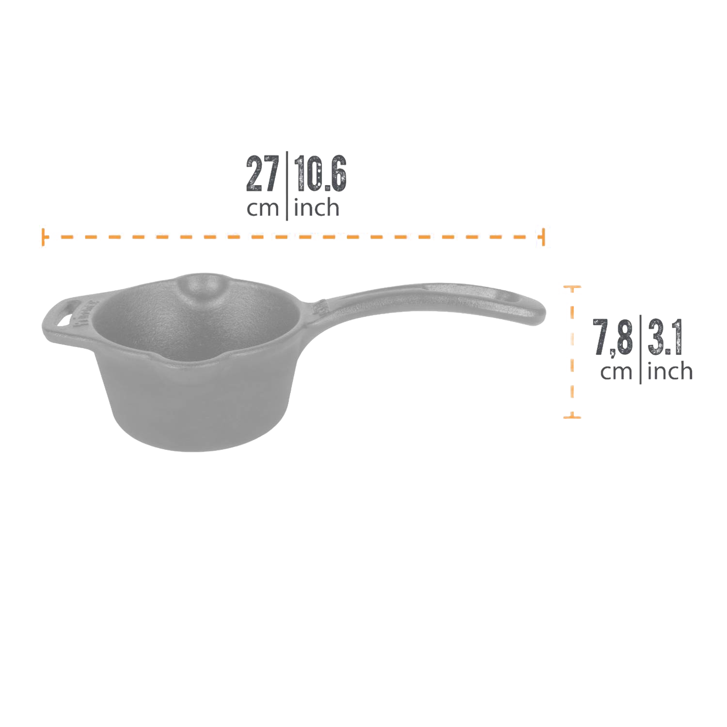 Small gray cast iron sauce pot with a long handle and side loop, designed for outdoor cooking and sauce preparation, suitable for Farm, Garden & Tool, Kitchen & Food, Camping, Cookware, Cast Iron, and Best Sellers collections.