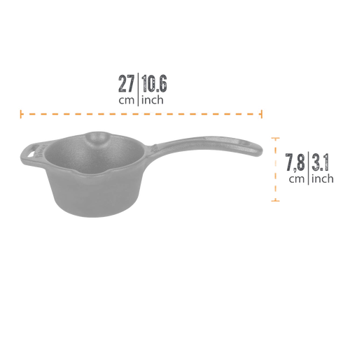 Small gray cast iron sauce pot with a long handle and side loop, designed for outdoor cooking and sauce preparation, suitable for Farm, Garden & Tool, Kitchen & Food, Camping, Cookware, Cast Iron, and Best Sellers collections.