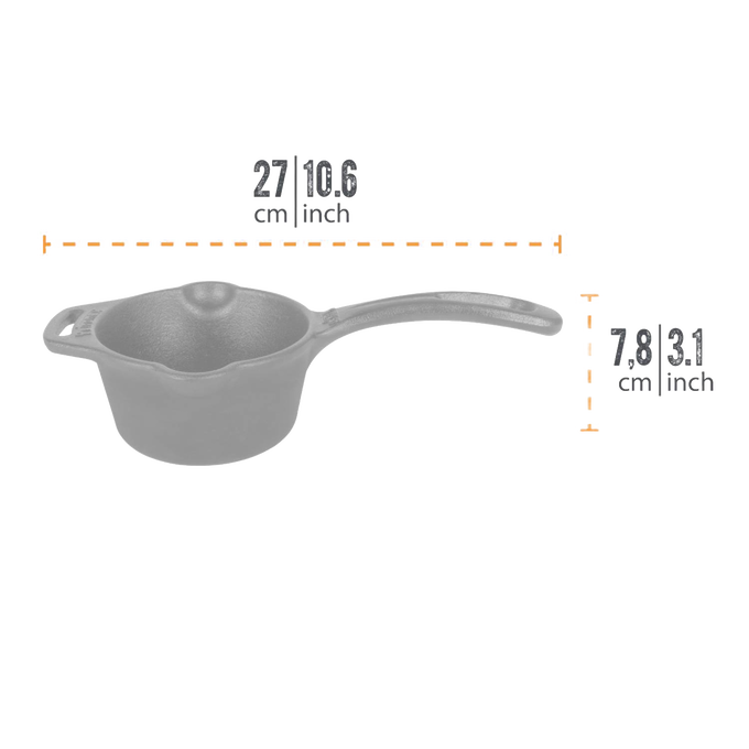 Small gray cast iron sauce pot with a long handle and side loop, designed for outdoor cooking and sauce preparation, suitable for Farm, Garden & Tool, Kitchen & Food, Camping, Cookware, Cast Iron, and Best Sellers collections.