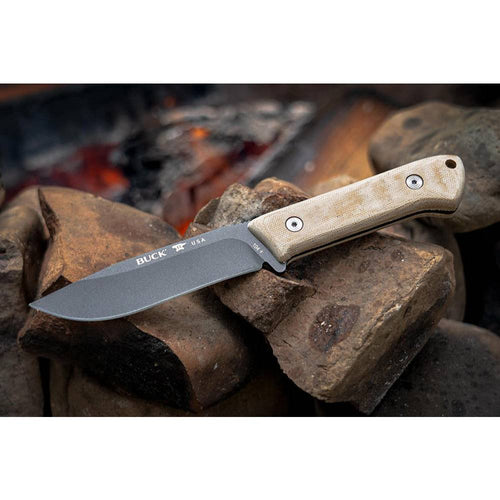 Fixed blade camp knife with 4-1/2 inch Cerakote-coated drop point blade and textured tan handle, handcrafted in USA for Farm, Garden & Tool and Camping collections.