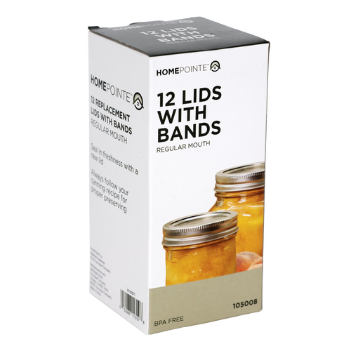 Box of 12 BPA-free regular-mouth lids and bands with sealing compound, ideal for kitchen food preservation and canning collections including best sellers and promo eligible items.