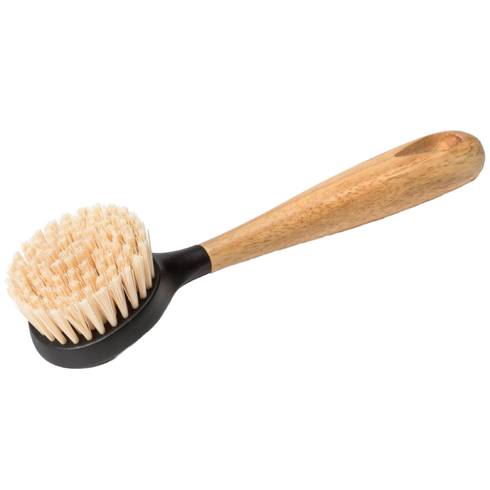 Cleaning brush with stiff nylon bristles and a durable rubberwood handle, designed for thorough scrubbing of cast iron cookware, featured in Kitchen & Food, Cookware, Cast Iron collections.