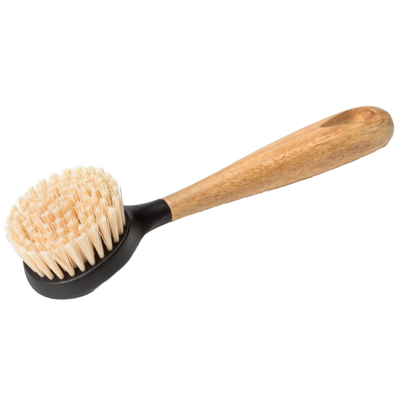 Cleaning brush with stiff nylon bristles and a durable rubberwood handle, designed for thorough scrubbing of cast iron cookware, featured in Kitchen & Food, Cookware, Cast Iron collections.