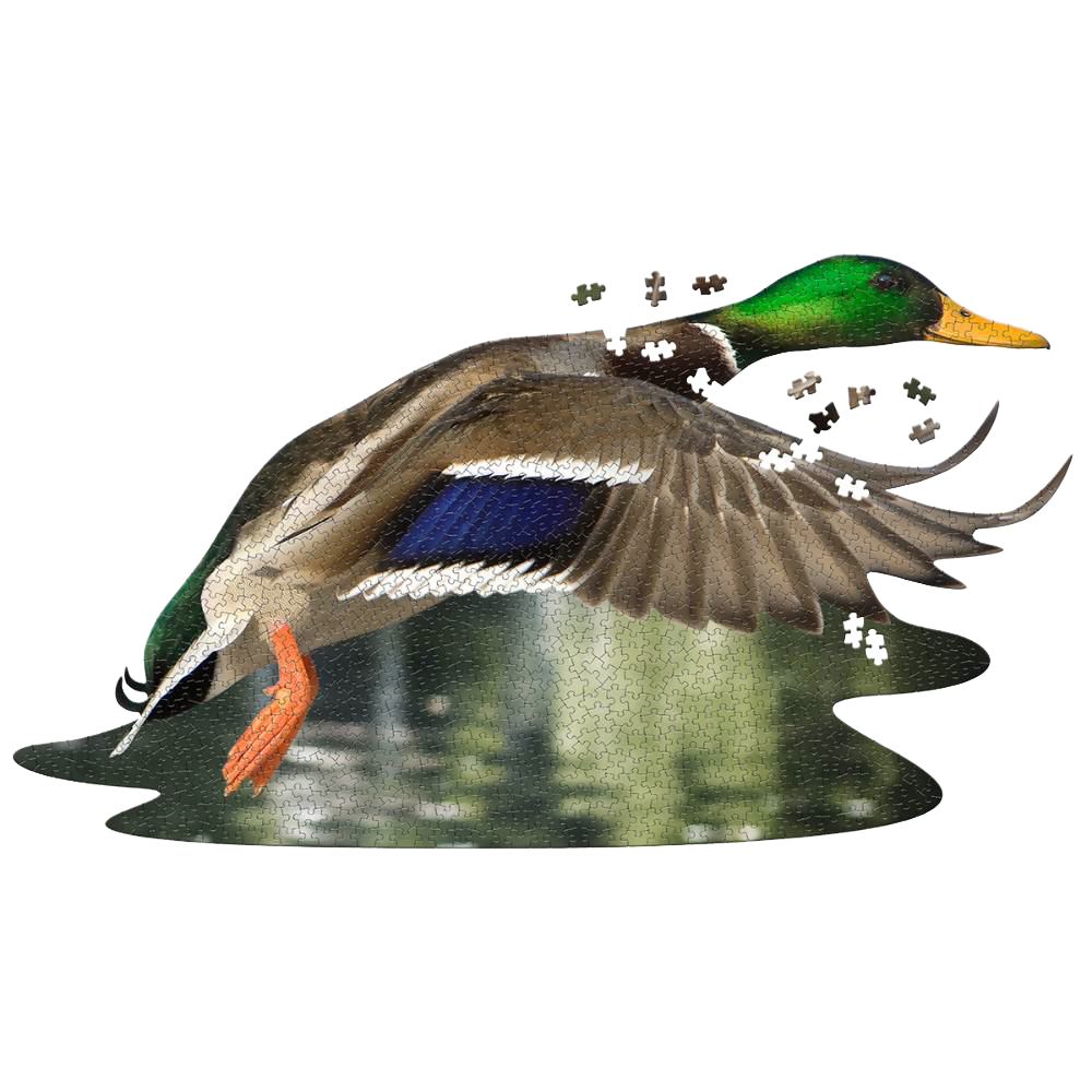 Intricately shaped jigsaw puzzle depicting a flying duck with vibrant green, blue, and brown feathers, designed to challenge puzzle enthusiasts in Toys, Books & Games collections.