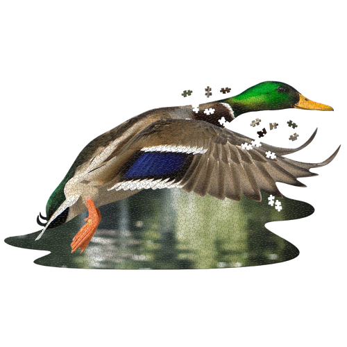 Intricately shaped jigsaw puzzle depicting a flying duck with vibrant green, blue, and brown feathers, designed to challenge puzzle enthusiasts in Toys, Books & Games collections.
