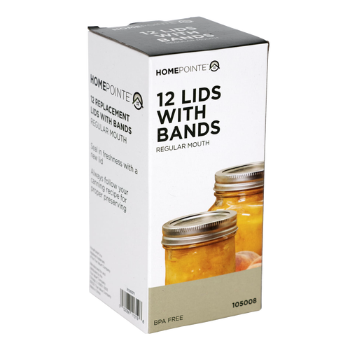 Box containing 12 BPA-free regular-mouth jar lids with matching metal bands, shown with sealed glass jars of preserved fruit, ideal for Kitchen & Food, Food Preservation, and Canning collections.