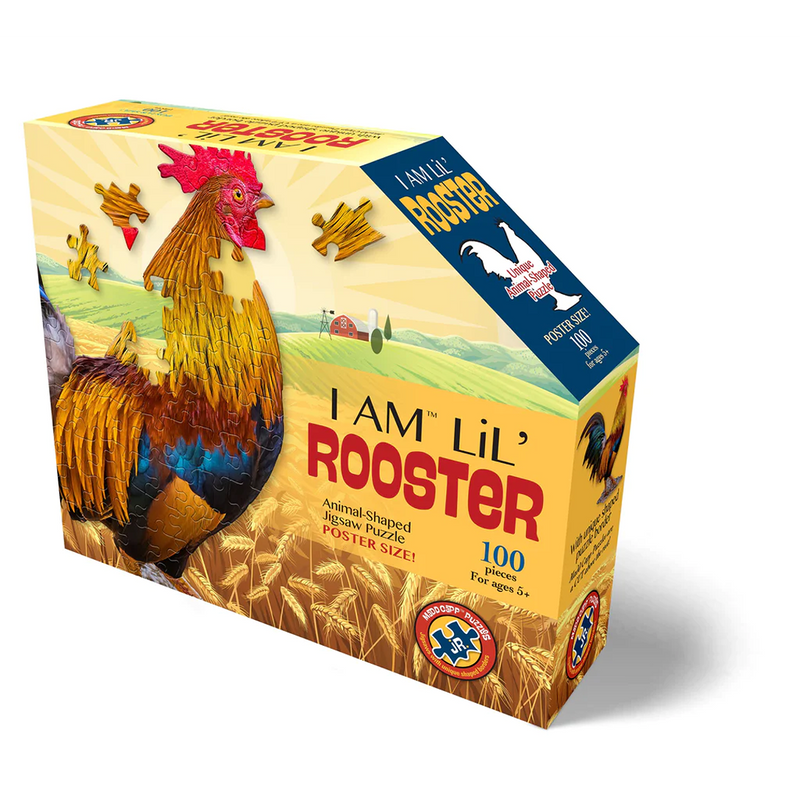 Brightly illustrated jigsaw puzzle box featuring a uniquely shaped rooster design with 100 pieces, designed for children's toys and family games collections.