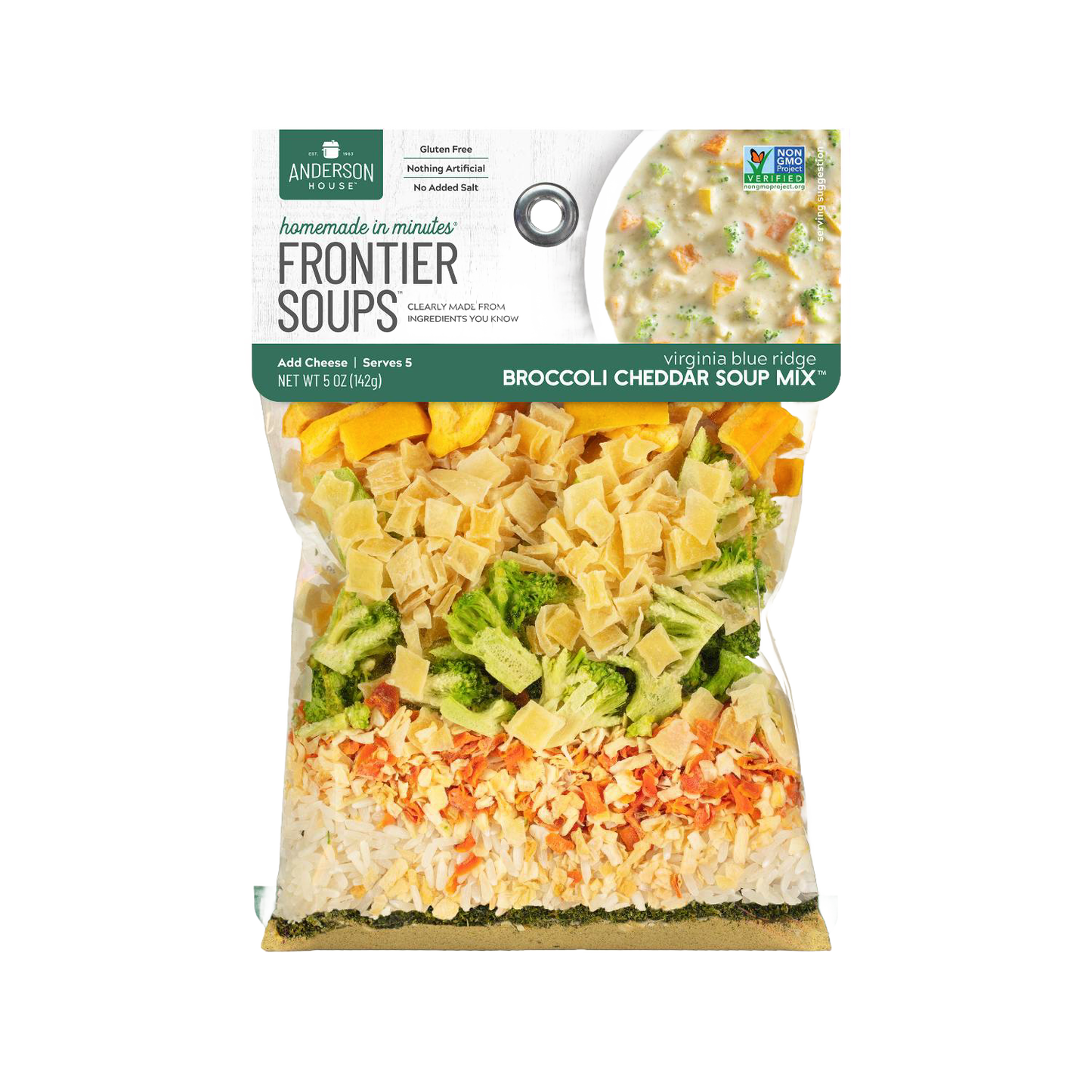 Clear pouch of handcrafted gluten-free broccoli cheddar soup mix with natural dried cheese, broccoli, and vegetables; included in Kitchen & Food, Pantry, Dry Goods and Mixes, Soups, Best Sellers, Promo Eligible collections.