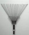 Close-up of a rugged garden rake featuring durable tempered steel tines and a strong metal frame, designed for farm, garden, and lawncare use, made in USA and part of best sellers.