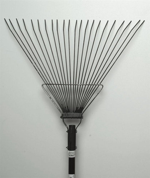 Close-up of a rugged garden rake featuring durable tempered steel tines and a strong metal frame, designed for farm, garden, and lawncare use, made in USA and part of best sellers.