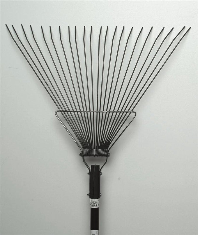 Close-up of a rugged garden rake featuring durable tempered steel tines and a strong metal frame, designed for farm, garden, and lawncare use, made in USA and part of best sellers.