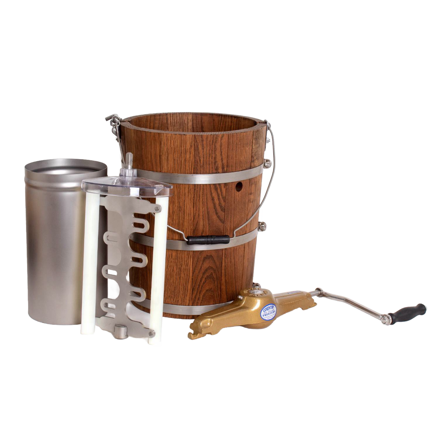 Handcrafted Amish made ice cream freezer with wooden bucket, durable metal bands, stainless steel inner canister, and brass crank handle, designed for Kitchen & Food and Specialty Equipment collections.