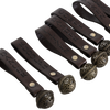 Set of nine handcrafted ornament bells with engraved brown leather straps featuring names of Santa’s reindeer, adorned with intricate metal bell accents for Home & Decor, Holiday Decor, and Best Sellers collections.